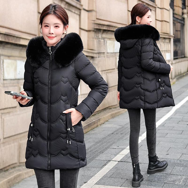 Medium and long down cotton-padded female slim-fitting and thin big fur collar down cotton-padded jacket