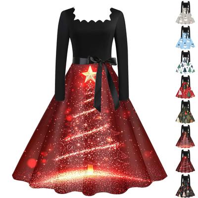 Kadın Günlük Moda Noel Baskılı Kare Yaka Vintage Elbise