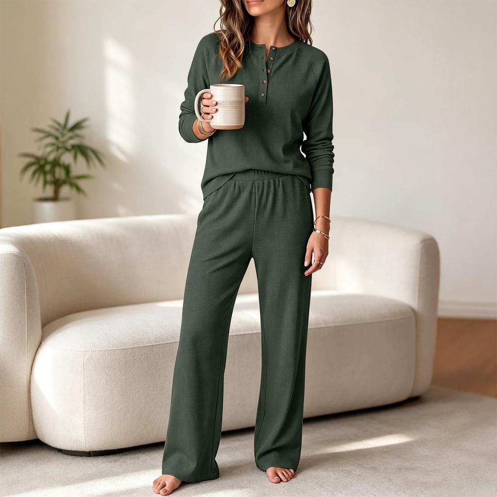 Women's 2 Piece Athleisure Set Long Sleeve Top Wide Leg Pants Loose Fit Casual Outfit