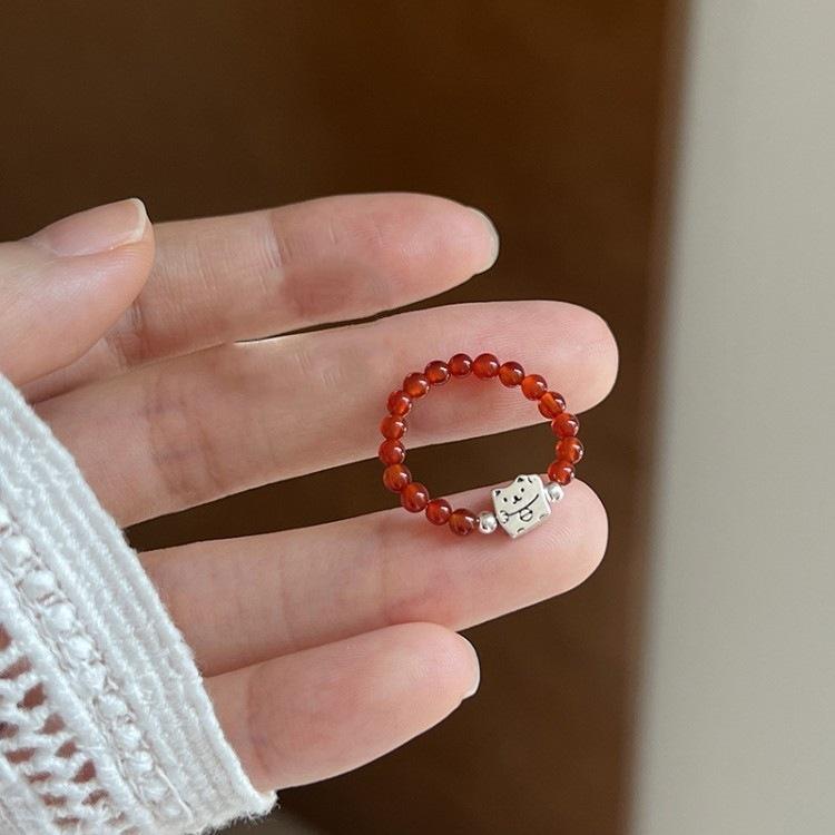 

PANJBJ 925 Sterling Silver Beads Ring for Women Lucky Cat Irregular Personality wealth Wealth Cute Jewelry Gift Dropshipping