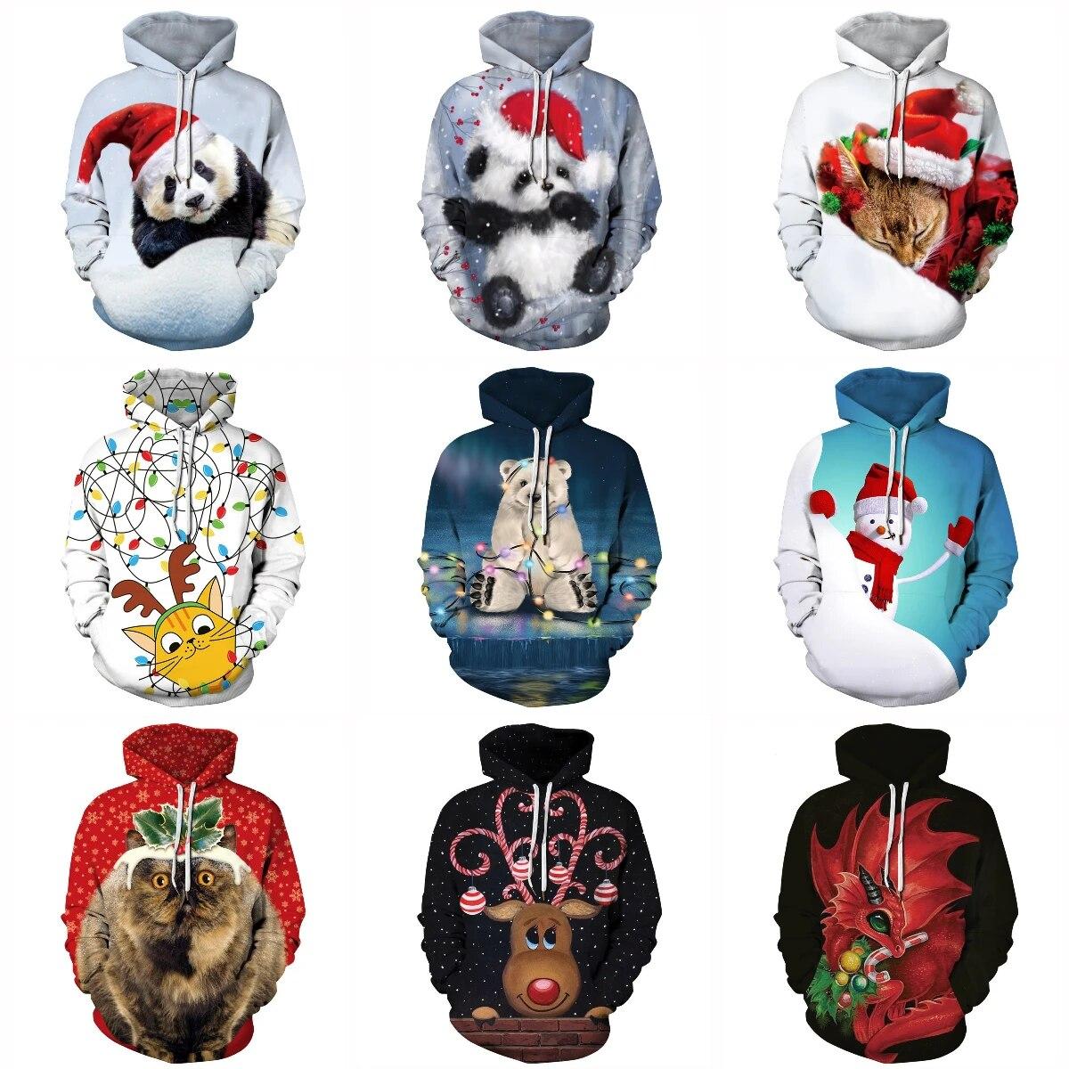 

Christmas Happy New Year Men Women Hoodies Cartoon Animal Cat Panda Deer Bear Snowman Print Pullover Clothes Hooded Sweatshirts