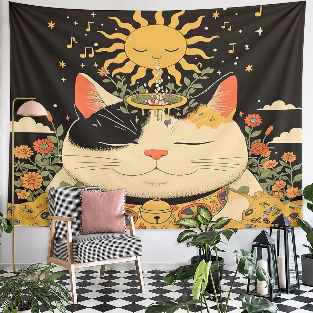 "Calico Cat with Sun Aura Design" Pattern Wall Hanging Tapestry Decorative Tapestry Home Decor for Bedroom and Living Room