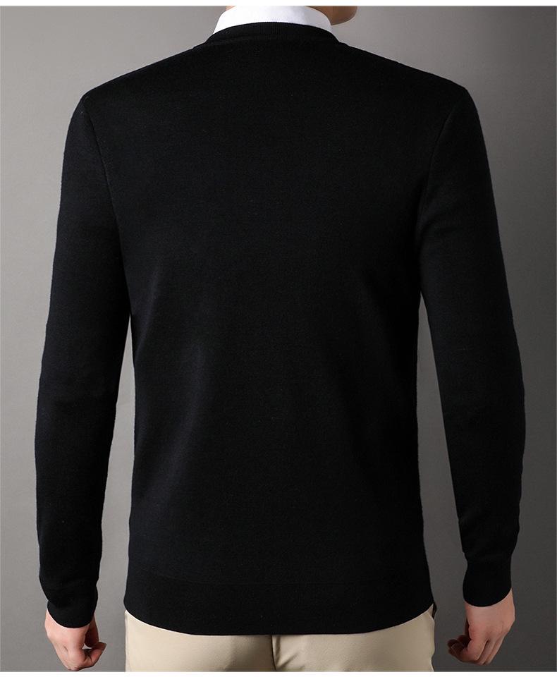 Men's V-Neck Solid Color Sweater - 100% Fine Wool, Thickened for Autumn/Winter, Long Sleeve Knitwear