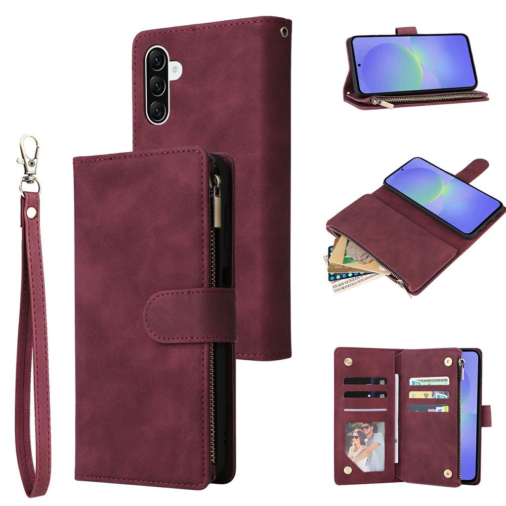 For Samsung Galaxy A37 5G Case Zipper Wallet Multiple Card Slots Leather Phone Cover with Wrist Strap