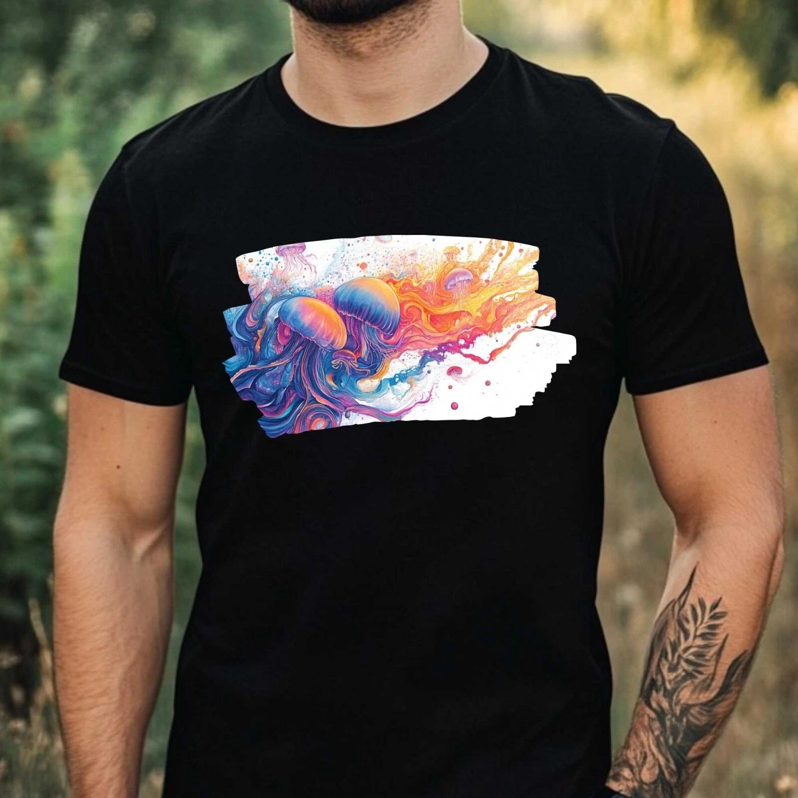 T-Shirt Herren Bunte Qualle Motiv Baumwolle Größe XS bis 5XL XXXXL