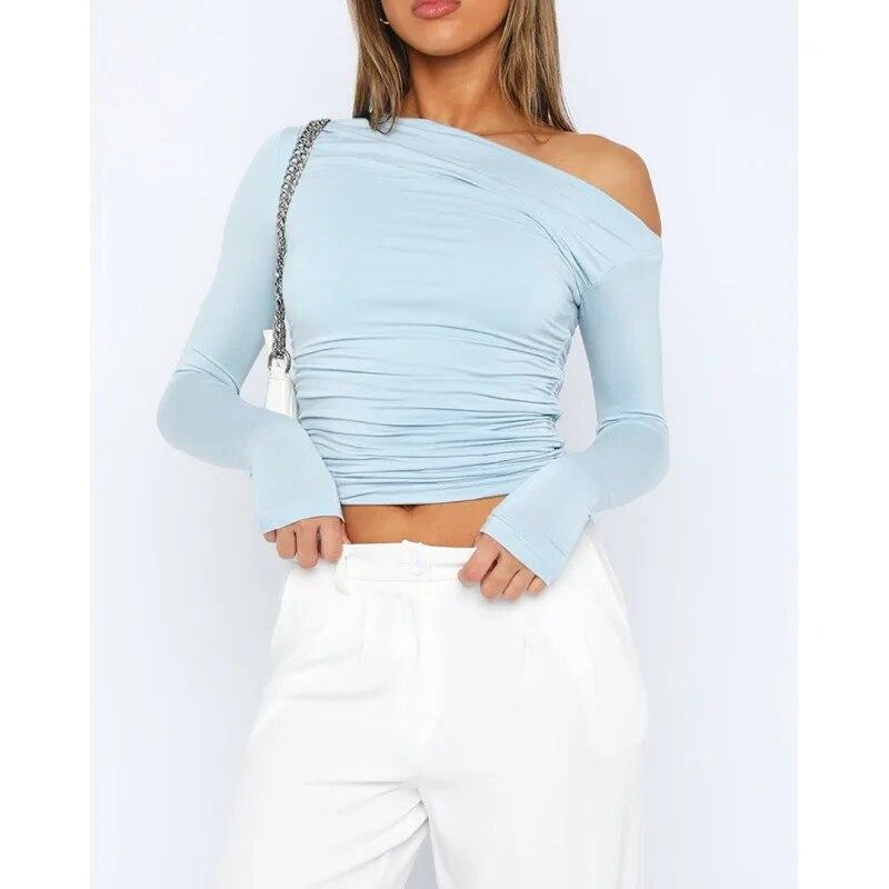 Fashion Slim Fit Skew Collar T-shirts Women Solid Pleated Off-the-Shoulder Crop Tees Tops Casual Elegant White T Shirt  30646