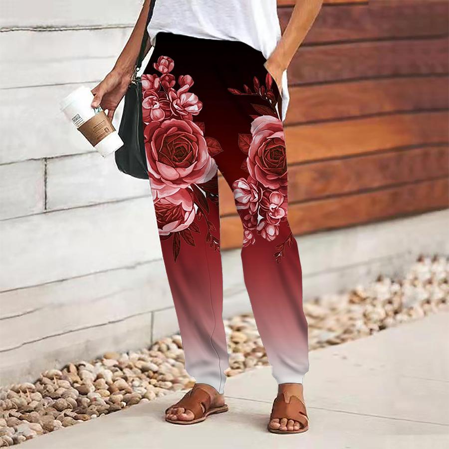 Women Flower Printing Pants Lace Up Elastic Waist Loose  Trousers Casual Long Pants Trousers with Pockets