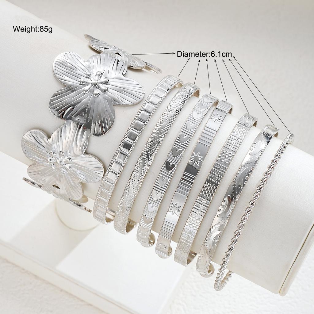 8 Pcs/Set Elegant Vintage Floral Striped Knotted Twisted Silver Gold Color Open Bracelets for Women Daily Wear Vacation Jewelry