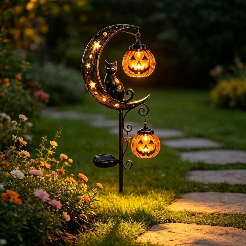 Halloween Yard Stake Light with Sun-Charge Panel, Metal Seasonal Accent for Lawn, Garden Edges, Front Entry Display Use and Outdoor Styling