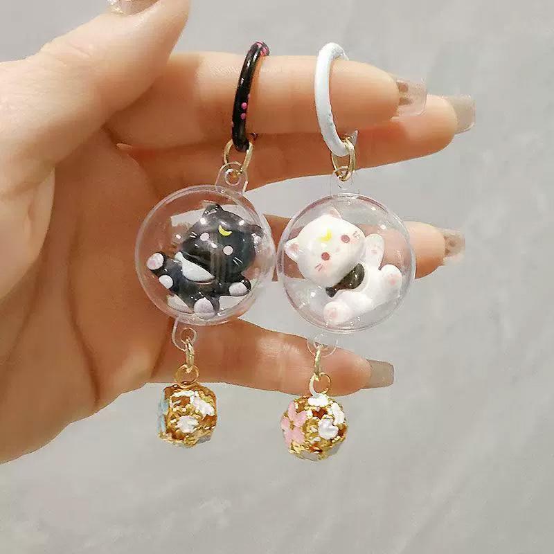 1PC Bag Ornament Accessory Cartoon Cat Keyring Cute Hanging Pendant 3D with Bell Keychain Cat Wind Chime