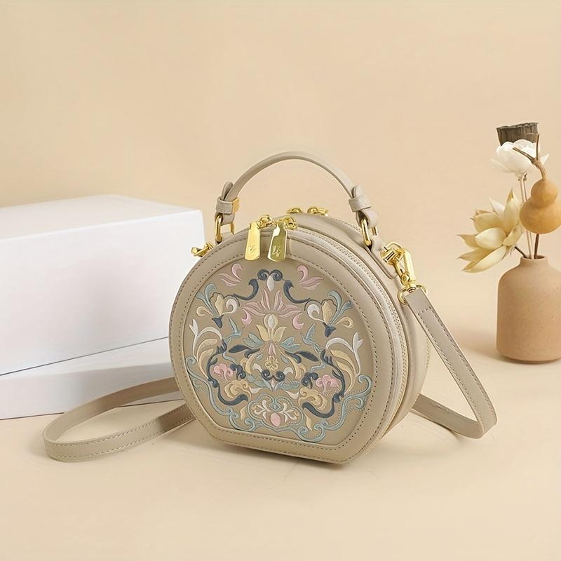 Vintažinė siuvinėta apvali rankinė per petį, rankinė su užtrauktuku, klasikinė, madinga, nišinė krepšys