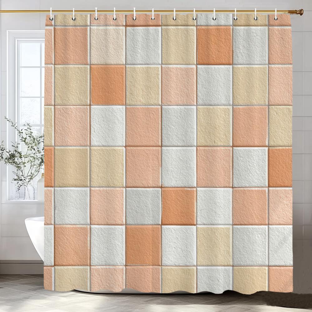 Geometric Square Mosaic Pattern Shower Curtain, Bathroom Decorative Shower Curtain, Waterproof Shower Curtain with Hooks 90x180cm-35x70in
