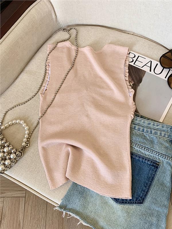 Women's Pink Bow V-neck Knit Vest, Summer Style Pleated Camisole, Super Stylish Sleeveless Top