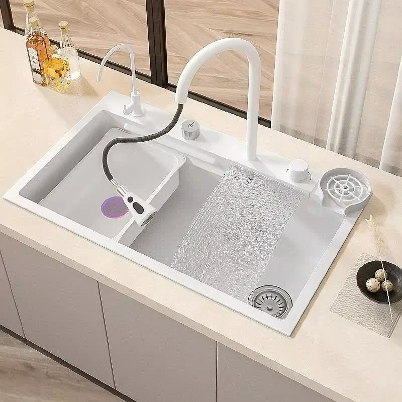 Kitchen Sink Nano Multifunction White Waterfall Faucet Large Single Bowl Wash Basin Cup Washer Pure Tap Soap Dispenser SUS304