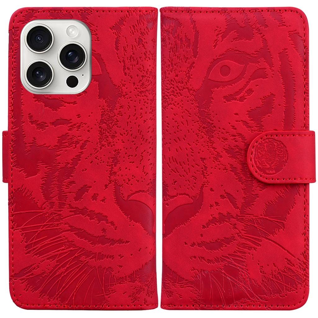 For iPhone 16 Pro Case Tiger Imprint Leather Shockproof Wallet Phone Cover