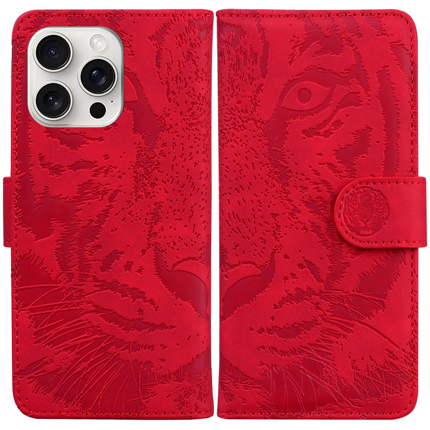 

For iPhone 16 Pro Max Case Tiger Imprint Leather Shockproof Wallet Phone Cover Red