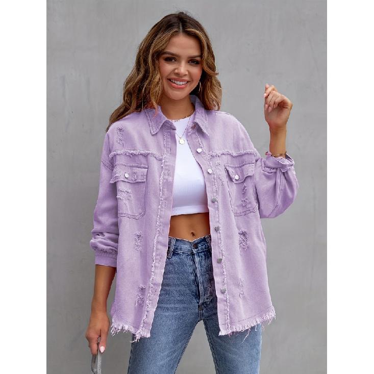 Podzim Zima Dámská Nová Džínová Bunda Módní Broušený Okraj Děravá Dutá Dlouhý Rukáv Jednořadé Zapínání Ležérní Límec Top