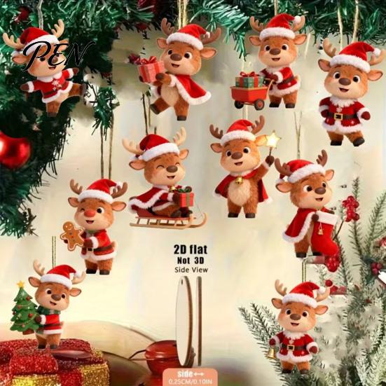 Christmas Tree Hanging Decorations Elk Ornaments, 2D Flat Wooden Cute Reindeer Decoration, Cartoon Holiday Ornaments for Home Deer Pendants