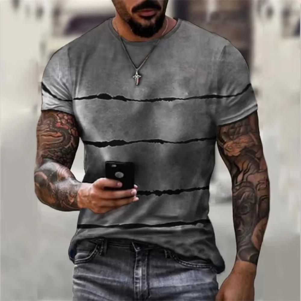 Men's Striped Pattern 3D Printed T-shirt, Summer Casual Chic Round Neck Top, Short Sleeved Outdoor Comfortable Personalized Short Sleeved Clothing