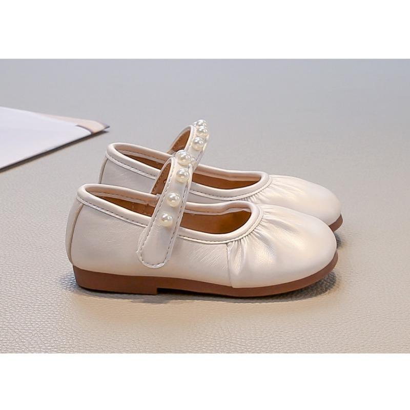 Kids Girls Solid Color Round Toe Pearl Velcro Mary Jane Princess Leather Flats