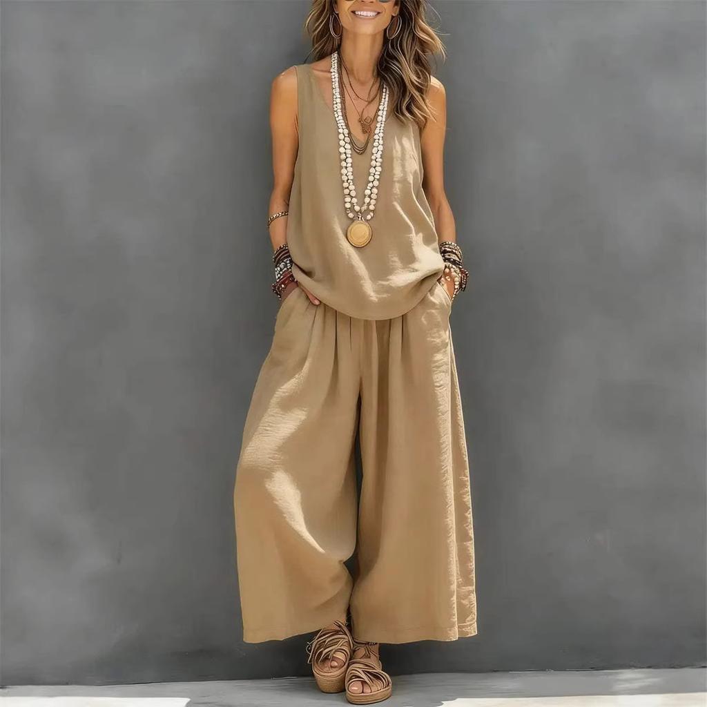 Sommer Mode Neckholder V-Ausschnitt Ärmellos 2-teilige Sets Damen Lässig Einfarbig Locker Oberteil + Tasche Weite Hosen Zweiteiliges Set