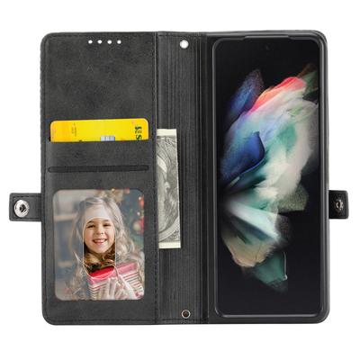 For Samsung Galaxy Z Fold6 5G Wallet Case Calf Texture PU Leather Phone Cover with Shoulder Strap