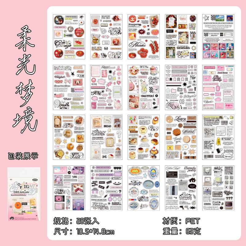 20 Sheets/pack Sticker Book Cloud Edge Light Print INS Style English Patterns Waterproof Planner Materials DIY Decorative