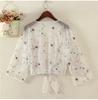 White Pink Women Floral Embroidery Sheer Cover Up Shirts Long Sleeve See Through Cardigan Blouse Beach Boho Shawl Bathing Suit Mesh Women's