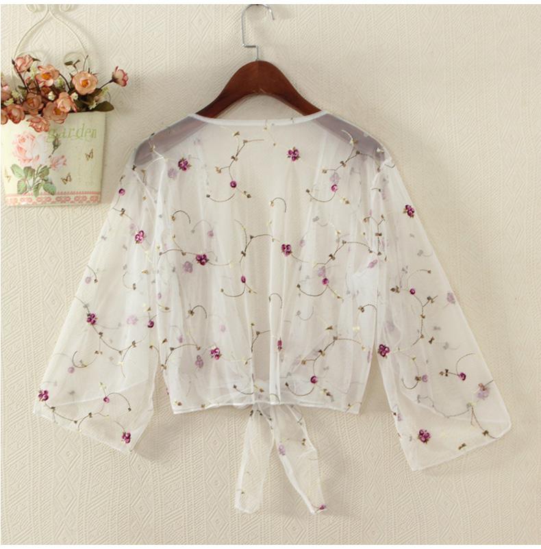 White Pink Women Floral Embroidery Sheer Cover Up Shirts Long Sleeve See Through Cardigan Blouse Beach Boho Shawl Bathing Suit Mesh Women's