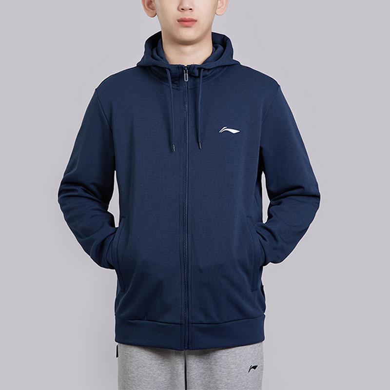 Li Ning Badminton Series Solid Color Hooded Running Training Jacket Men Jackets Navy-Blue AWDTD73-3