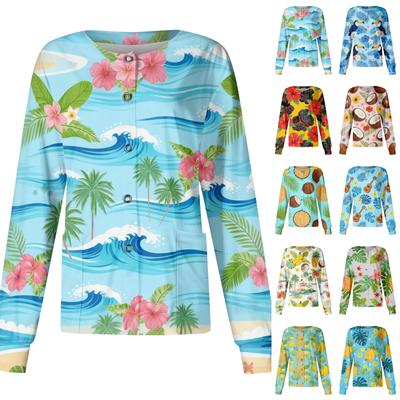 Damen Lässiger Langarm Einreiher Cardigan Hawaiianischer Druck Arbeitskleidung Hemd Leichtes Knopfleisten Oberteil für Pflegekräfte und Krankenschwestern