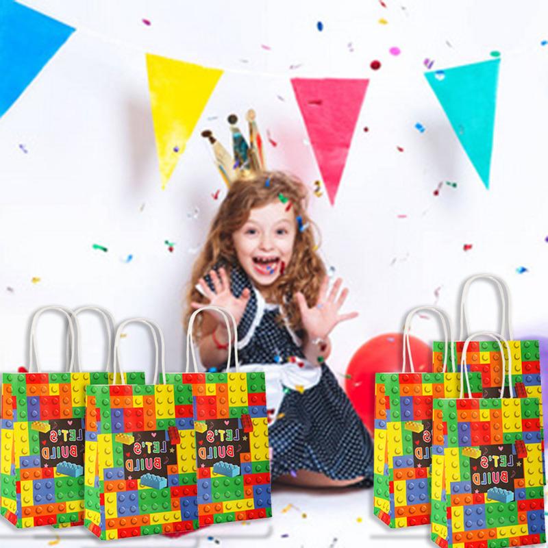 Building Blocks Brick Party Favors Gift Bags, Treat Paper Bag With Handle For Boy Kids Birthday, Baby Shower Decorations, 20Pcs