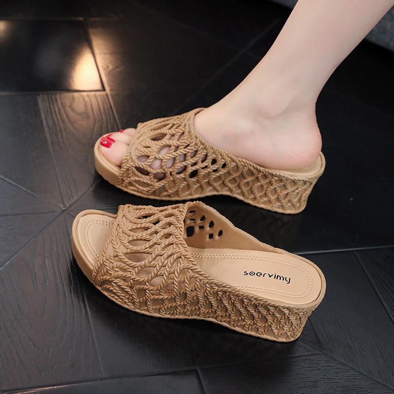 Women's 2025 Fashion High Heel Non-Slip Slippers - Summer Hollow Out, Comfortable, Thick Sole, One-Strap Design for Outdoor Use