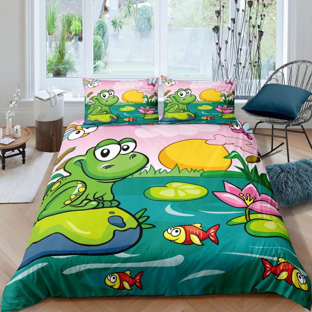 Frog Duvet Cover Cartoon Frog Bedding Set Full Size Cover Set for Women Teens Boys Kids Girls Gift Bedroom Decoration Queen Size