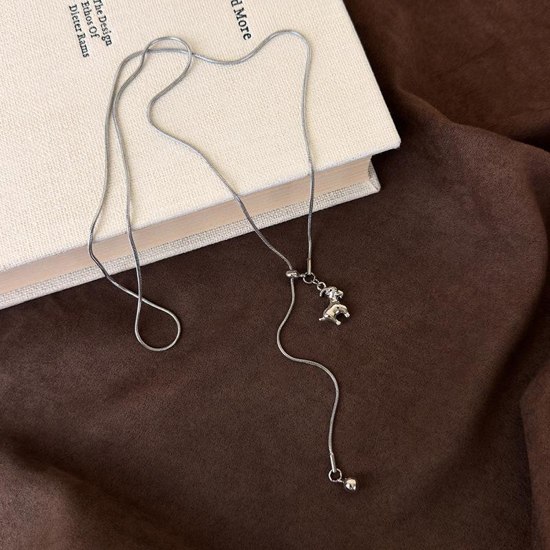 Silver Splicing Pull Asymmetric Sheep Pendant Necklace Long Sweater Chain Anti-Fade Trendy Jewelry for Music Festival Accessory