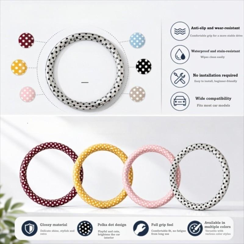 15 inch Diameter Car Steering Wheel Cover PVC Leather Polka Dot Pattern Auto Steering Wheel Decoration
