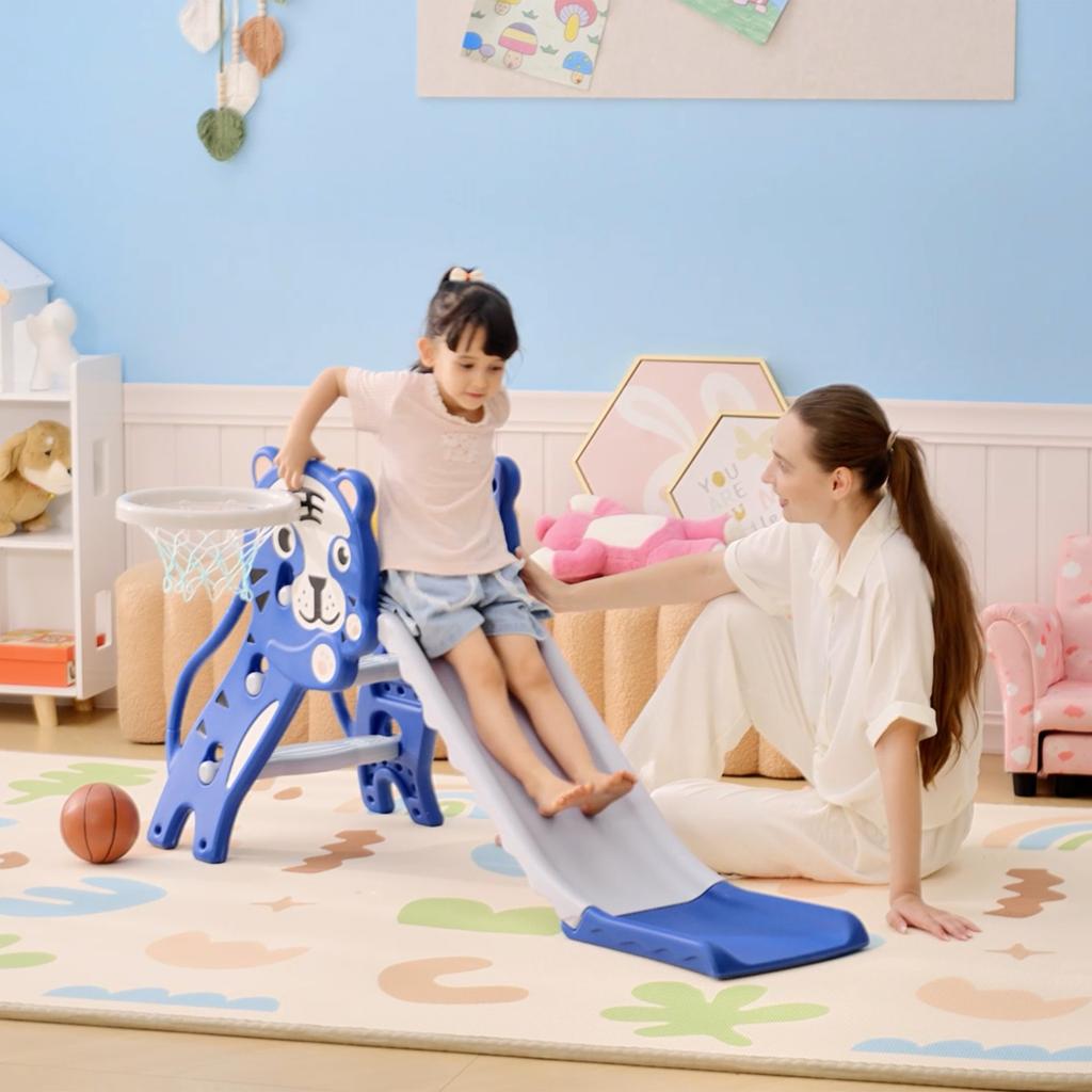 3 In 1 Baby Slide for Indoor Use with Climber, Basketball Hoop, Basketball, for Ages 18-36 Months - Blue