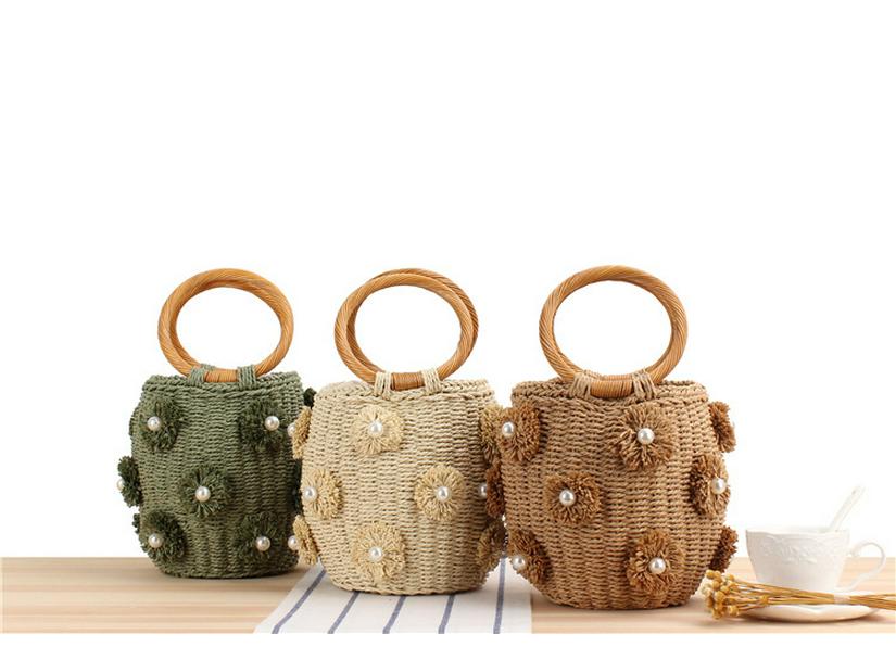 Handcrafted Fashion Bucket Bag: Pearl & Flower Woven Paper Rope Design