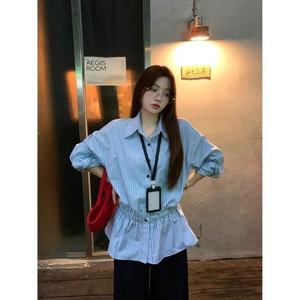 Women s Striped Shirt Summer Korean Style Waist Cinching Slimming Shirt S синий