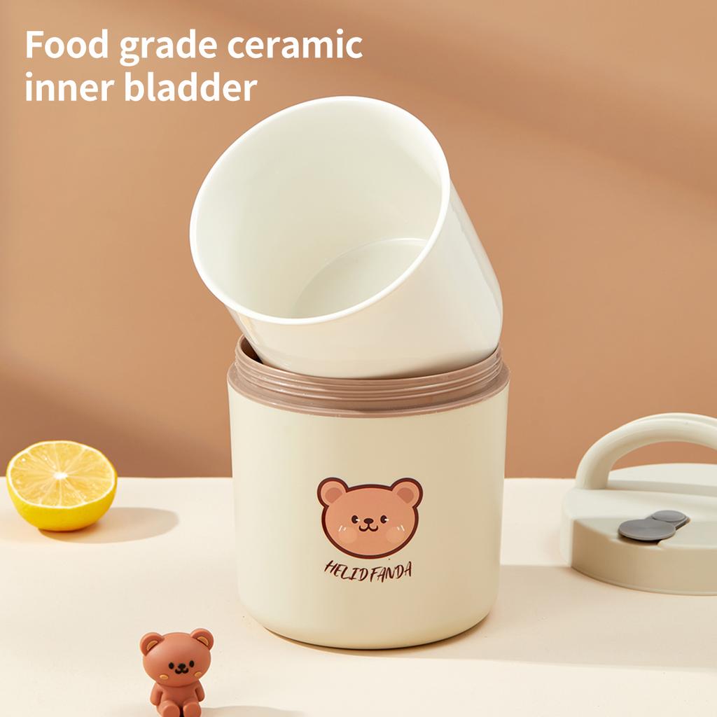 Portable Round Ceramic Lunch Container Little Bear Sealed Double Layer Insulated Bento Lunch Box With Handle For Kids Students