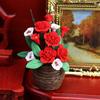 Dollhouse Potted Plant 1:12 Scale Hand-Kneaded Miniature Rattan Flower Pot with Lifelike Petals Leaf Veins Dollhouse Decor Accessory