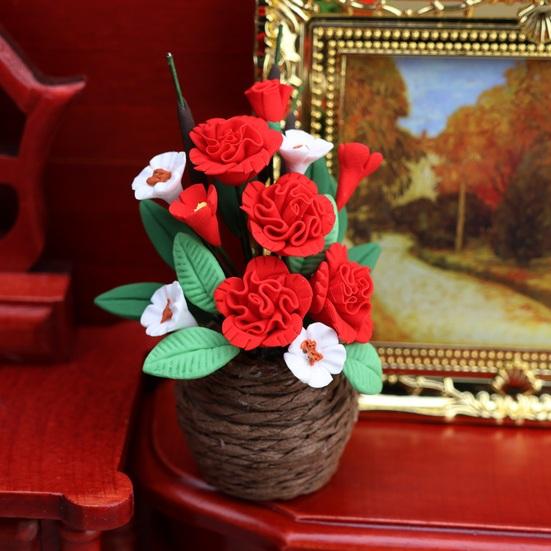 Dollhouse Potted Plant 1:12 Scale Hand-Kneaded Miniature Rattan Flower Pot with Lifelike Petals Leaf Veins Dollhouse Decor Accessory