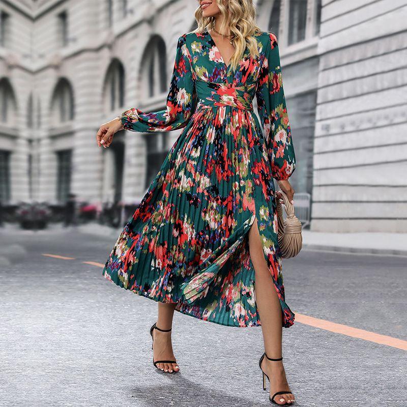 

Pleated Dress Autumn New Arrival European and American Women s Clothing Print Long Sleeve Dress Green S