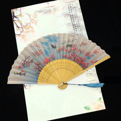 Vintage Bamboo Folding Hand Fan Imitation Silk Floral Pattern Portable Handheld Chinese Style Fan with Tassel Pendant for Travel