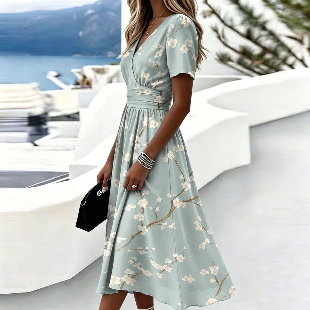 Women V Neck Waist Cinched Floral Print Short Sleeve Midi Dress Casual Summer Day Dress