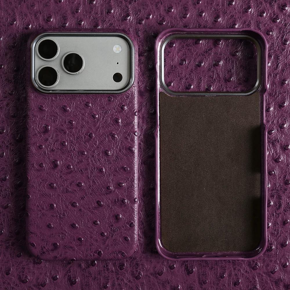 Genuine Ostrich Grain Leather Case for iPhone 17 Pro Max Air 16 Pro 15 14 13 Pro Premium Business Slim Metal Lens Cowhide Full Body Shockproof Cover