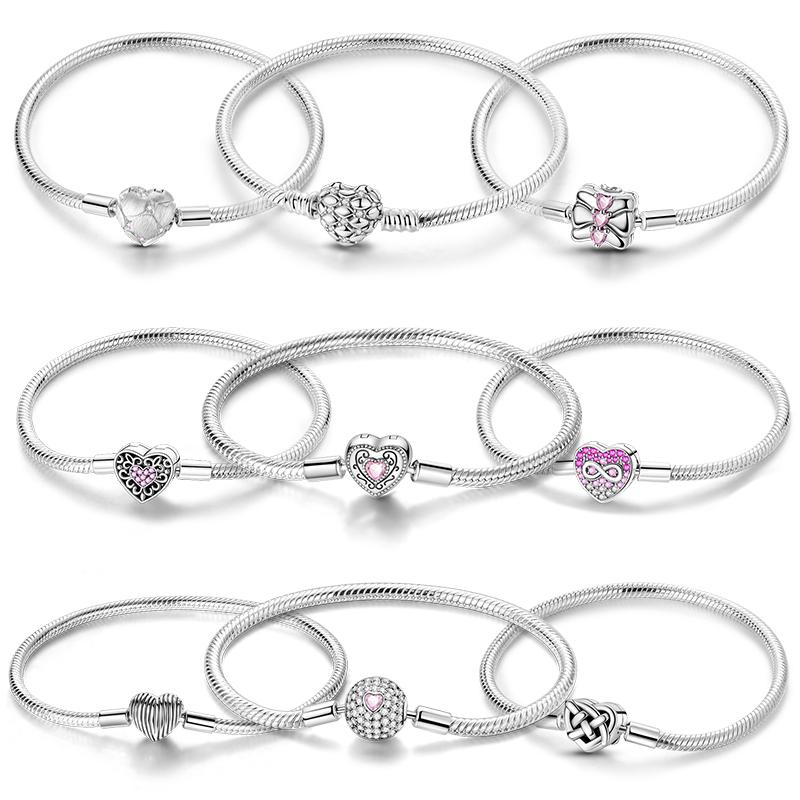 Pink Heart Bracelets Copper Metal Color Bow Zircon Lucky Snake Chain Bracelets Designed For Do It Yourself Charm Bead Components Bead Components