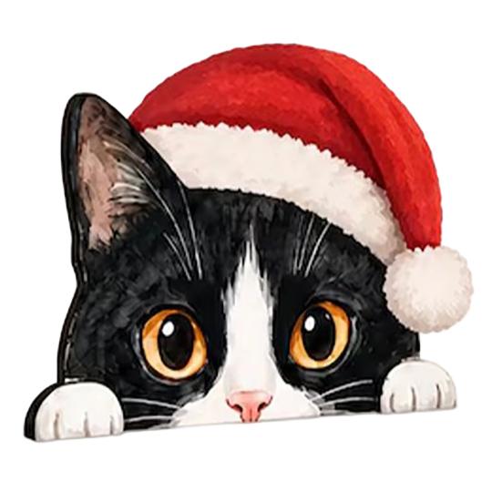 Christmas Table Centerpiece Cute Cat Shelf Sitter, Wooden Hat Peeking Desk Figurine, Funny Animal Desktop Background Ornament Sign, Lover Gift