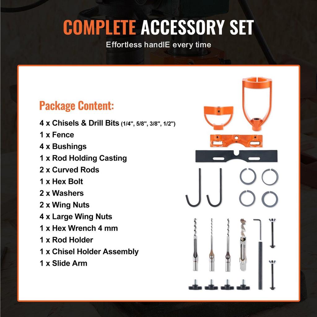 Mortising Attachment for Drill Press, 4 Model Drills Square Hole Chisel Set, Bench Drill Locator Set Mortise and Tenon Tools with 5 Bushings, for
