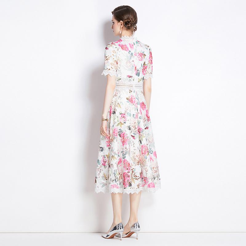 Elegant Floral Print Lace Summer Dress for Women High Quality Hollow Out Short Sleeve Slim Party Dress Robes Femme